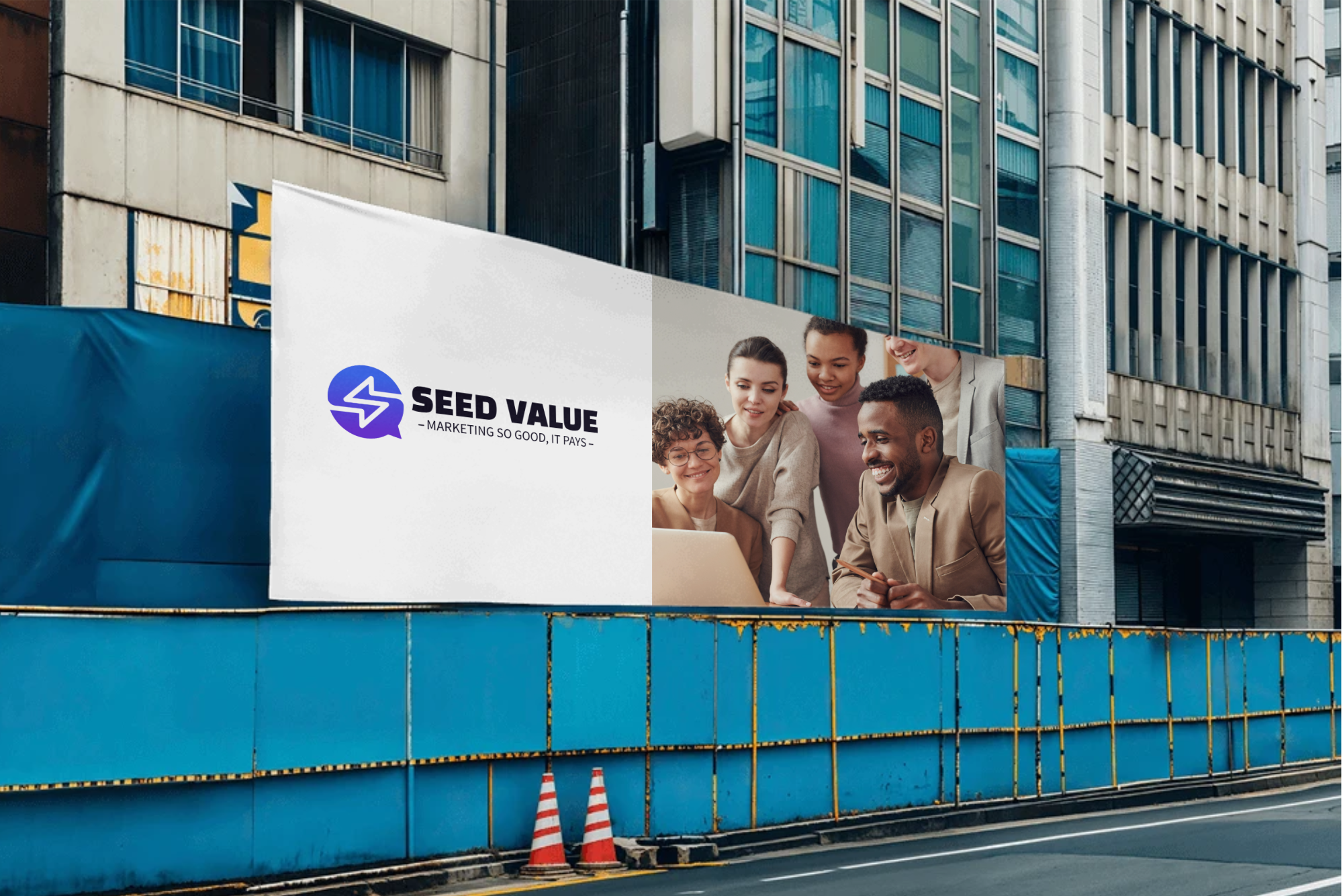 Seed Value client brand campaign on a city billboard